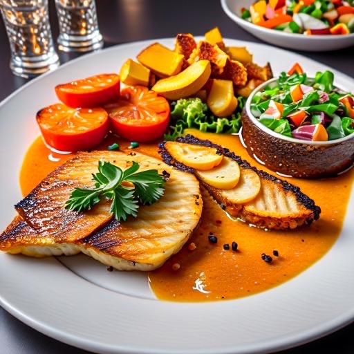Escalope Fish, Fried Plantain, Fried Sweet Potato/Mashed Potato and Salad Image